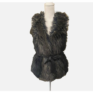 H&M Faux Fur Vest Womens‎ Sz S Black Brown Zebra Shag Lined Belted Pockets